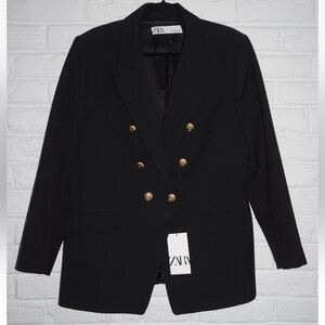 Zara Double Breasted Black Blazer Size: XXL NWT Gold Buttons Women's Peak Lapel